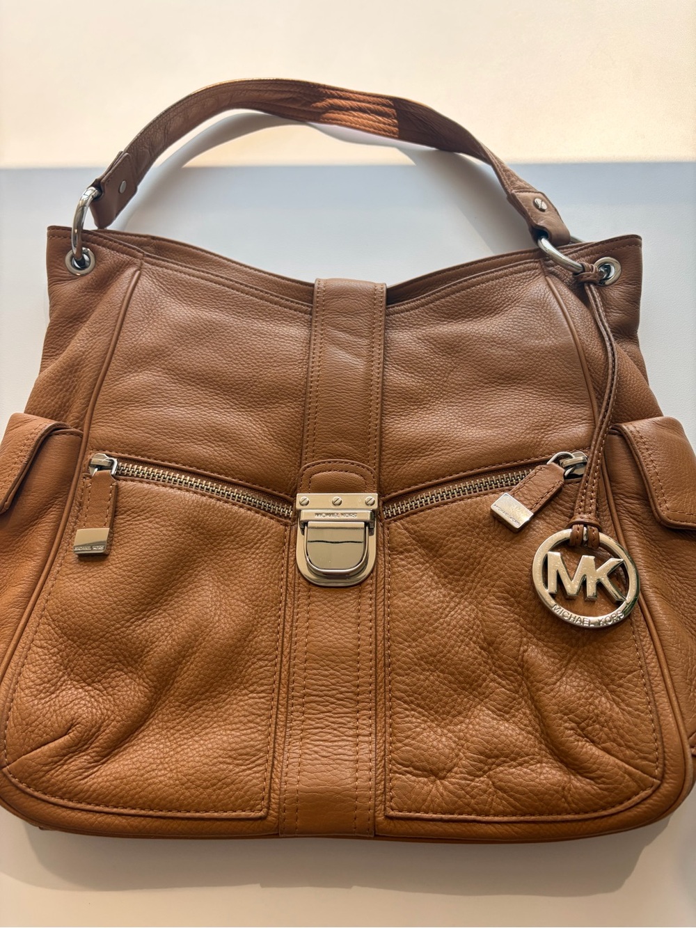 Michael Kors Cognac Pebbled Leather Shoulder Bag with MK Charm